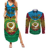 Personalized Vanuatu Torba Province Couples Matching Summer Maxi Dress and Long Sleeve Button Shirts Vanuatuan Coat Of Arms Polynesian Pattern LT05 Green - Polynesian Pride
