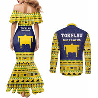 Tokelau Christmas Couples Matching Mermaid Dress and Long Sleeve Button Shirt Tokelauan Turtle Santa Sleigh
