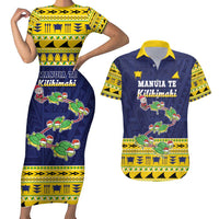 Tokelau Christmas Couples Matching Short Sleeve Bodycon Dress and Hawaiian Shirt Tokelauan Turtle Santa Sleigh LT05 Yellow - Polynesian Pride