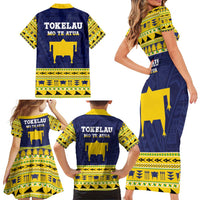 Tokelau Christmas Family Matching Short Sleeve Bodycon Dress and Hawaiian Shirt Tokelauan Turtle Santa Sleigh