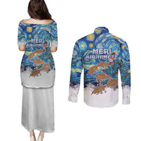New Zealand Christmas Couples Matching Puletasi and Long Sleeve Button Shirt Kiwis Santa Sleigh Starry Night Style LT05 - Polynesian Pride