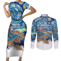 New Zealand Christmas Couples Matching Short Sleeve Bodycon Dress and Long Sleeve Button Shirt Kiwis Santa Sleigh Starry Night Style LT05 Blue - Polynesian Pride