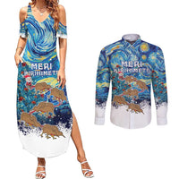 New Zealand Christmas Couples Matching Summer Maxi Dress and Long Sleeve Button Shirt Kiwis Santa Sleigh Starry Night Style LT05 Blue - Polynesian Pride