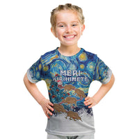New Zealand Christmas Kid T Shirt Kiwis Santa Sleigh Starry Night Style LT05 Blue - Polynesian Pride