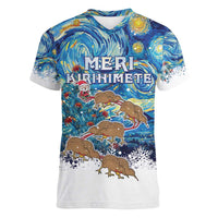 New Zealand Christmas Women V-Neck T-Shirt Kiwis Santa Sleigh Starry Night Style LT05 Female Blue - Polynesian Pride