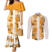 Hawaiian Quilt Couples Matching Mermaid Dress and Long Sleeve Button Shirt Vintage Pattern Brown LT05 Brown - Polynesian Pride