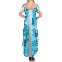 Hawaiian Quilt Family Matching Summer Maxi Dress and Hawaiian Shirt Vintage Pattern Blue LT05 - Polynesian Pride