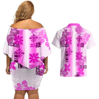 Hawaiian Quilt Couples Matching Off Shoulder Short Dress and Hawaiian Shirt Vintage Pattern Pink LT05 - Polynesian Pride