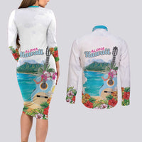 Aloha Hawaii Waikiki Beach Landscape Couples Matching Long Sleeve Bodycon Dress and Long Sleeve Button Shirt LT05 - Polynesian Pride