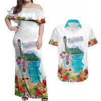 Aloha Hawaii Waikiki Beach Landscape Couples Matching Off Shoulder Maxi Dress and Hawaiian Shirt LT05 White - Polynesian Pride