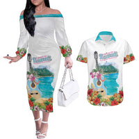 Aloha Hawaii Waikiki Beach Landscape Couples Matching Off The Shoulder Long Sleeve Dress and Hawaiian Shirt LT05 White - Polynesian Pride