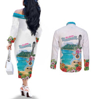 Aloha Hawaii Waikiki Beach Landscape Couples Matching Off The Shoulder Long Sleeve Dress and Long Sleeve Button Shirt LT05 - Polynesian Pride
