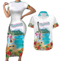 Aloha Hawaii Waikiki Beach Landscape Couples Matching Short Sleeve Bodycon Dress and Hawaiian Shirt LT05 White - Polynesian Pride