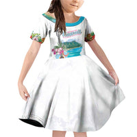 Aloha Hawaii Waikiki Beach Landscape Family Matching Off Shoulder Short Dress and Hawaiian Shirt LT05 Daughter's Dress White - Polynesian Pride