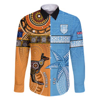 Custom Fiji Tapa And Australia Aboriginal Together Family Matching Mermaid Dress and Hawaiian Shirt LT05 Dad's Shirt - Long Sleeve Blue - Polynesian Pride