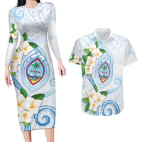 Guam Chamorro Couples Matching Long Sleeve Bodycon Dress and Hawaiian Shirt Guasali Flowers Curves Style LT05 Blue - Polynesian Pride