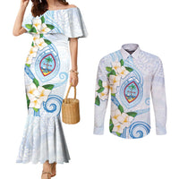 Guam Chamorro Couples Matching Mermaid Dress and Long Sleeve Button Shirt Guasali Flowers Curves Style LT05 Blue - Polynesian Pride