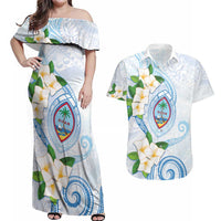 Guam Chamorro Couples Matching Off Shoulder Maxi Dress and Hawaiian Shirt Guasali Flowers Curves Style LT05 Blue - Polynesian Pride