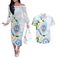 Guam Chamorro Couples Matching Off The Shoulder Long Sleeve Dress and Hawaiian Shirt Guasali Flowers Curves Style LT05 Blue - Polynesian Pride