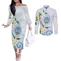 Guam Chamorro Couples Matching Off The Shoulder Long Sleeve Dress and Long Sleeve Button Shirt Guasali Flowers Curves Style LT05 Blue - Polynesian Pride