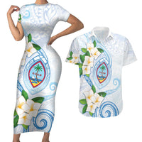 Guam Chamorro Couples Matching Short Sleeve Bodycon Dress and Hawaiian Shirt Guasali Flowers Curves Style LT05 Blue - Polynesian Pride