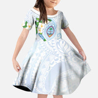 Guam Chamorro Family Matching Off The Shoulder Long Sleeve Dress and Hawaiian Shirt Guasali Flowers Curves Style LT05 Daughter's Dress Blue - Polynesian Pride