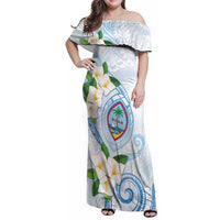 Guam Chamorro Family Matching Off Shoulder Maxi Dress and Hawaiian Shirt Guasali Flowers Curves Style LT05 Mom's Dress Blue - Polynesian Pride