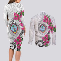 Guam Chamorro Couples Matching Long Sleeve Bodycon Dress and Long Sleeve Button Shirt Curves Polynesian Tattoo Mix Bougainvillea LT05 - Polynesian Pride