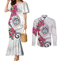Guam Chamorro Couples Matching Mermaid Dress and Long Sleeve Button Shirt Curves Polynesian Tattoo Mix Bougainvillea LT05 White - Polynesian Pride