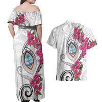 Guam Chamorro Couples Matching Off Shoulder Maxi Dress and Hawaiian Shirt Curves Polynesian Tattoo Mix Bougainvillea LT05 - Polynesian Pride