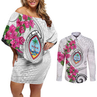 Guam Chamorro Couples Matching Off Shoulder Short Dress and Long Sleeve Button Shirt Curves Polynesian Tattoo Mix Bougainvillea LT05 White - Polynesian Pride