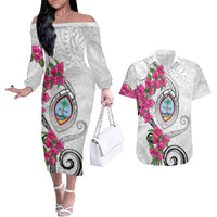 Guam Chamorro Couples Matching Off The Shoulder Long Sleeve Dress and Hawaiian Shirt Curves Polynesian Tattoo Mix Bougainvillea LT05 White - Polynesian Pride