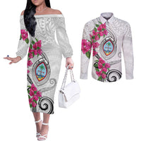 Guam Chamorro Couples Matching Off The Shoulder Long Sleeve Dress and Long Sleeve Button Shirt Curves Polynesian Tattoo Mix Bougainvillea LT05 White - Polynesian Pride