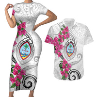 Guam Chamorro Couples Matching Short Sleeve Bodycon Dress and Hawaiian Shirt Curves Polynesian Tattoo Mix Bougainvillea LT05 White - Polynesian Pride