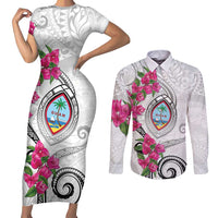 Guam Chamorro Couples Matching Short Sleeve Bodycon Dress and Long Sleeve Button Shirt Curves Polynesian Tattoo Mix Bougainvillea LT05 White - Polynesian Pride