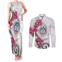 Guam Chamorro Couples Matching Tank Maxi Dress and Long Sleeve Button Shirt Curves Polynesian Tattoo Mix Bougainvillea LT05 White - Polynesian Pride