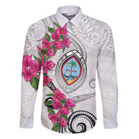 Guam Chamorro Family Matching Off The Shoulder Long Sleeve Dress and Hawaiian Shirt Curves Polynesian Tattoo Mix Bougainvillea LT05 Dad's Shirt - Long Sleeve White - Polynesian Pride