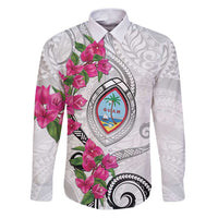 Guam Chamorro Family Matching Puletasi and Hawaiian Shirt Curves Polynesian Tattoo Mix Bougainvillea LT05 Dad's Shirt - Long Sleeve White - Polynesian Pride