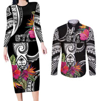 Hafa Adai Guam Couples Matching Long Sleeve Bodycon Dress and Long Sleeve Button Shirt Polynesian Tattoo Tropical Flowers LT05 Black - Polynesian Pride