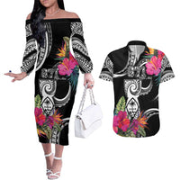 Hafa Adai Guam Couples Matching Off The Shoulder Long Sleeve Dress and Hawaiian Shirt Polynesian Tattoo Tropical Flowers LT05 Black - Polynesian Pride