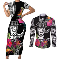 Hafa Adai Guam Couples Matching Short Sleeve Bodycon Dress and Long Sleeve Button Shirt Polynesian Tattoo Tropical Flowers LT05 Black - Polynesian Pride