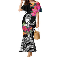 Hafa Adai Guam Family Matching Mermaid Dress and Hawaiian Shirt Polynesian Tattoo Tropical Flowers LT05 Mom's Dress Black - Polynesian Pride