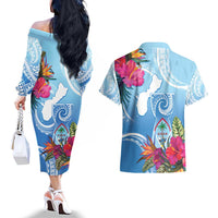 Hafa Adai Guam Couples Matching Off The Shoulder Long Sleeve Dress and Hawaiian Shirt Tropical Flowers Blue Gradient LT05 - Polynesian Pride