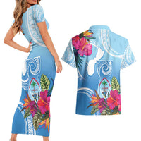 Hafa Adai Guam Couples Matching Short Sleeve Bodycon Dress and Hawaiian Shirt Tropical Flowers Blue Gradient LT05 - Polynesian Pride