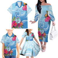 Hafa Adai Guam Family Matching Off The Shoulder Long Sleeve Dress and Hawaiian Shirt Tropical Flowers Blue Gradient LT05 - Polynesian Pride