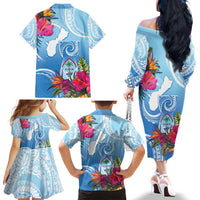 Hafa Adai Guam Family Matching Off The Shoulder Long Sleeve Dress and Hawaiian Shirt Tropical Flowers Blue Gradient LT05 - Polynesian Pride