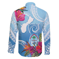 Hafa Adai Guam Family Matching Off The Shoulder Long Sleeve Dress and Hawaiian Shirt Tropical Flowers Blue Gradient LT05 - Polynesian Pride
