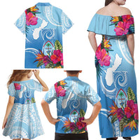 Hafa Adai Guam Family Matching Off Shoulder Maxi Dress and Hawaiian Shirt Tropical Flowers Blue Gradient LT05 - Polynesian Pride