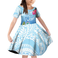 Hafa Adai Guam Family Matching Off Shoulder Short Dress and Hawaiian Shirt Tropical Flowers Blue Gradient LT05 Daughter's Dress Blue - Polynesian Pride