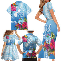 Hafa Adai Guam Family Matching Short Sleeve Bodycon Dress and Hawaiian Shirt Tropical Flowers Blue Gradient LT05 - Polynesian Pride